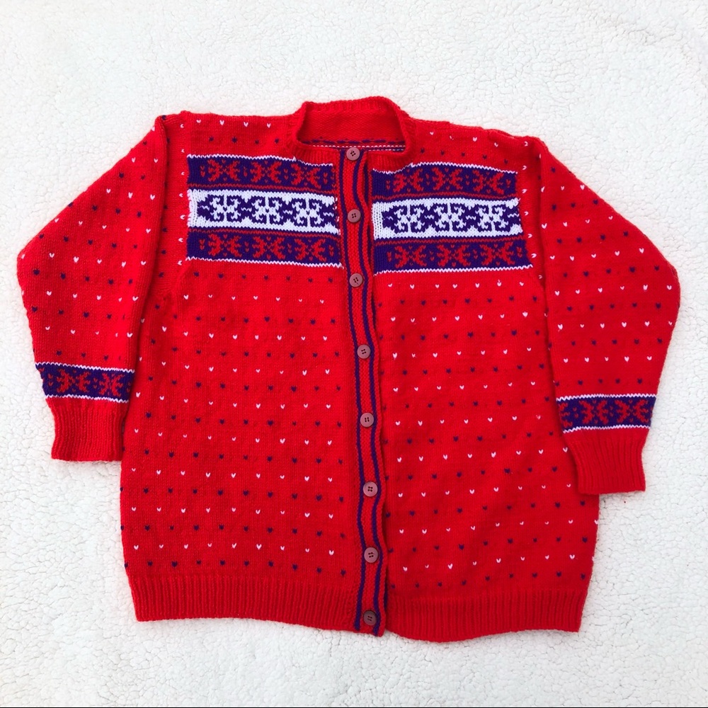 Vintage Handmade Chunky Knit Faire Isle Cardigan Sweater Red Orange Purple